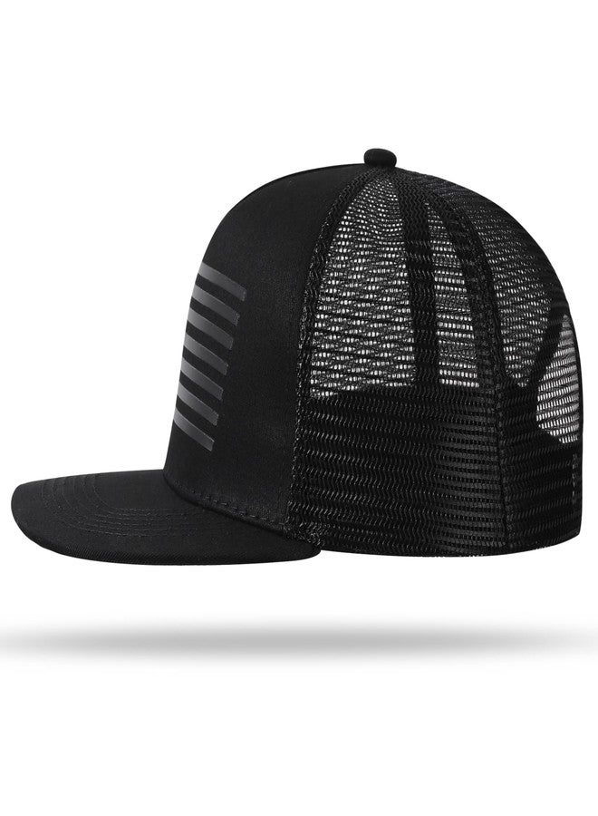 UALON Baseball Cap, Snapback Trucker Hat for Men & Women with American Flag and Adjustable, Breathable Mesh, Flat Bill Hats Black/Black - Image 4